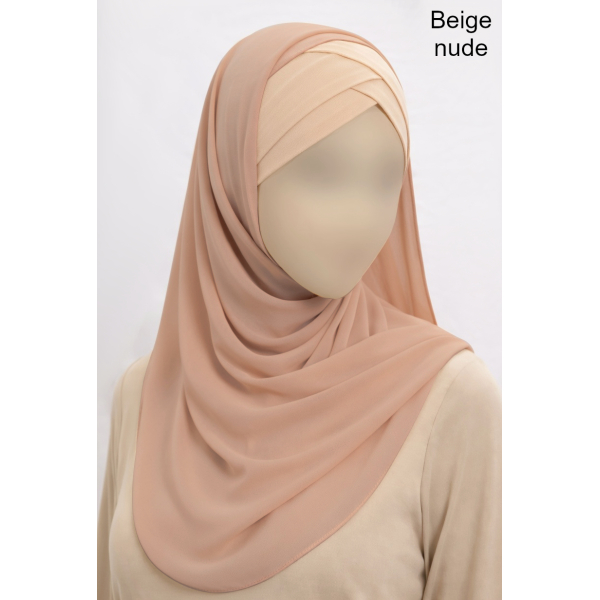 Hijab bonnet intégré croisé - Bi-matière